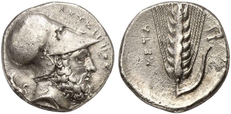 Lucania, Metapontion, Stater, ca. 340-330 BC
AR (g 7,78; mm 21; h 12)
ΛEYKIΠΠΟ...
