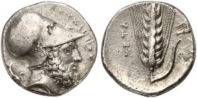 Lucania, Metapontion, Stater, ca. 340-330 BC
AR (g 7,78; mm 21; h 12)
ΛEYKIΠΠΟΣ, head of Leukippos r., wearing Corinthian helmet; on l., seated dog....