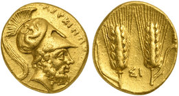 Lucania, Metapontion, Tetrobol, ca. 290-280 BC
AV (g 2,84; mm 12,5; h 12)
ΛEYKIΠΠOΣ, bearded head of Leukippos r., wearing crested Corinthian helmet...