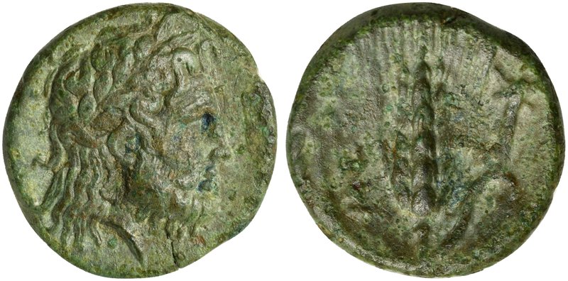 Lucania, Metapontion, Bronze, ca. 350-250 BC
AE (g 2,33; mm 14,5; h 6)
Laureat...