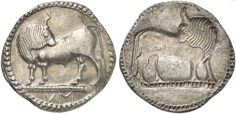 Lucania, Sybaris, Stater, ca. 550-510 BC
AR (g 7,92; mm 28; h 12)
Bull advanci...