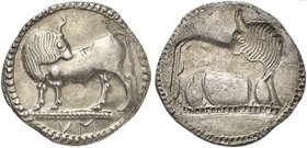 Lucania, Sybaris, Stater, ca. 550-510 BC
AR (g 7,92; mm 28; h 12)
Bull advancing l., looking backwards; in ex., MV (retrograde), Rv. Same type incus...