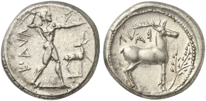 Bruttium, Caulonia, Stater, ca. 474-425 BC
AR (g 8,20; mm 22; h 12)
KAVΛ, Apol...
