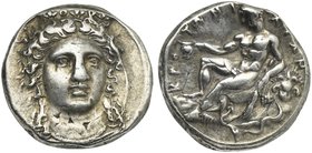 Bruttium, Croton, Stater, ca. 400-325 BC
AR (g 7,90; mm 21; h 10)
Head of Hera Lakinia facing slightly r., wearing stephane, decorated with palmette...