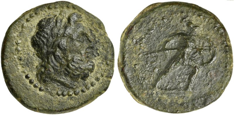 Bruttium, Brettii, Half Unit, ca. 211-208 BC
AE (g 4,39; mm 18; h 1)
Laureate ...