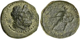 Bruttium, Brettii, Half Unit, ca. 211-208 BC
AE (g 4,39; mm 18; h 1)
Laureate head of Zeus r., Rv. Warrior advancing right, nude but for helmet, hol...