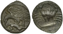 Sicily, Akragas, Hemidrachm, ca. 420-410 BC
AR (g 1,91; mm 16; h 6)
Eagle flying l., holding hare with claws, Rv. A - K - R - A, crab; below, fish r...