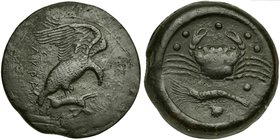 Sicily, Akragas, Hemilitron, before 406 BC
AE (g 21,46; mm 31; h 9)
AKPA, eagle flying r., holding hare with claws, Rv. crab; around, six pellets; b...