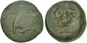 Sicily, Akragas, Tetras, before 406 BC
AE (g 10,91; mm 23; h 6)
AKPA, eagle flying r., holding hare with claws, Rv. AKPA, crab; below, three pellets...