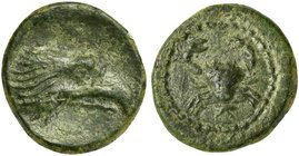 Sicily, Akragas, Onkia, before 406 BC
AE (g 1,50; mm 13, h 5)
Head of eagle r., Rv. crab; below, monogram. CNS 87/2; HGC 153.
Rare. Untouched green...