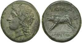 Sicily, Akragas, Bronze struck under Phintias, ca. 287-279 BC
AE (g 6,79, mm 22; h 12)
Wreathed head of Apollo l., Rv. ΒΑΣΙΛΕΟΣ boar standing l.; in...