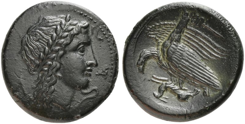 Sicily, Akragas, Bronze, ca. 275-240 BC
AE (g 10,85; mm 24; h 12)
Laureate hea...