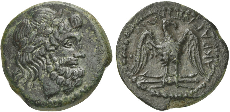 Sicily, Akragas, Bronze, ca. 240-212 BC
AE (g 7,14; mm 22; h 2)
Laureate head ...