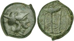 Sicily, Ameselon, Bronze, ca. 343-339 BC
AE (g 16,96; mm 29; h 4)
Head of Athena r., wearing crested Corinthian helmet, Rv. Filleted tripod. Campana...