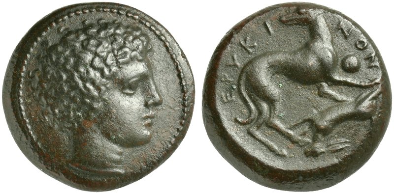 Sicily, Eryx, Onkia, ca. 412-409 BC
AE (g 2,55; mm 13; h 9)
Bare male head r.,...