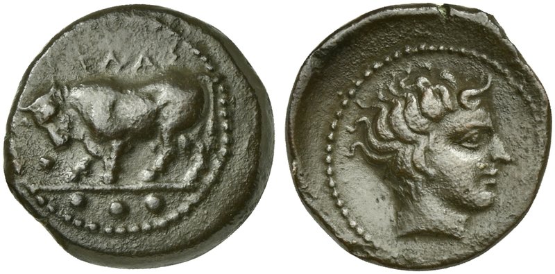 Sicily, Gela, Tetras, ca. 420-405 BC
AE (g 4,26; mm 19; h 3)
ΓEΛAΣ, bull butti...