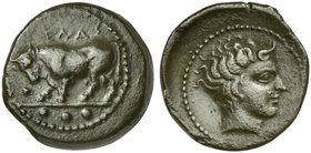 Sicily, Gela, Tetras, ca. 420-405 BC
AE (g 4,26; mm 19; h 3)
ΓEΛAΣ, bull butting l.; in ex., three pellets, Rv. Horned head of young river-god r., w...