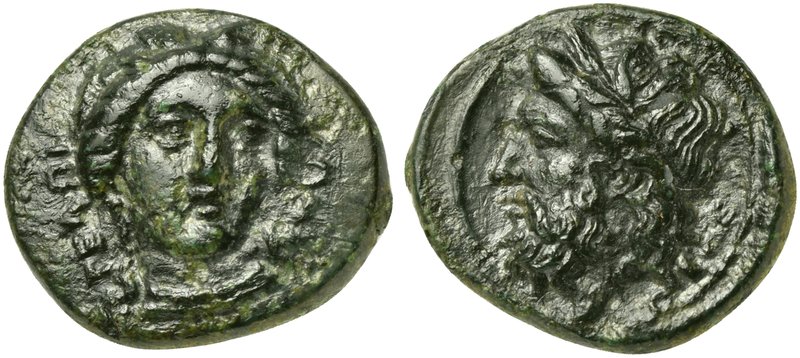 Sicily, Gela, Bronze, ca. 339-310 BC
AE (g 2,32; mm 15; h 12)
ΓΕΛΩΙΩΝ, head of...