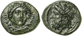 Sicily, Gela, Bronze, ca. 339-310 BC
AE (g 2,32; mm 15; h 12)
ΓΕΛΩΙΩΝ, head of Demeter facing slightly r., wearing wreath of grain ears, Rv. Horned ...