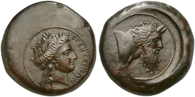 Sicily, Herbessos, Litra, ca. 344-336 BC
AE (g 16,88; mm 27; h 5)
Wreathed hea...