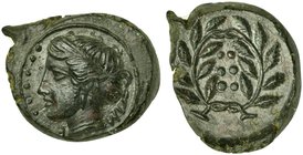 Sicily, Himera, Hemilitron, ca. 415-409 BC
AE (g 5,22; mm 20; h 3)
Head of nymph l.; before, six pellets, Rv. Six pellets within wreath. CNS 35; HGC...