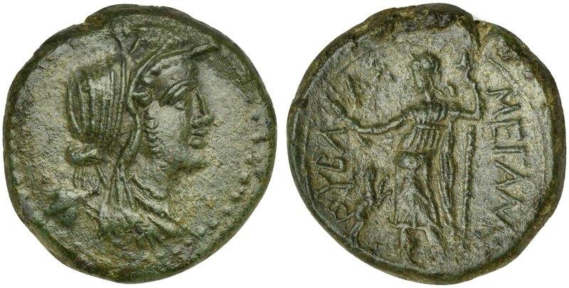 Sicily, Hybla Megala, Bronze, 2nd century BC
AE (g 7,35; mm 21; h 12)
Veiled b...