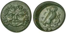 Sicily, Kamarina, Tetras, ca. 420-410 BC
AE (g 4,16; mm 17, h 4)
Facing Gorgon, Rv., KAMA, owl standing r., grasping lizard; in ex. three pellets. C...