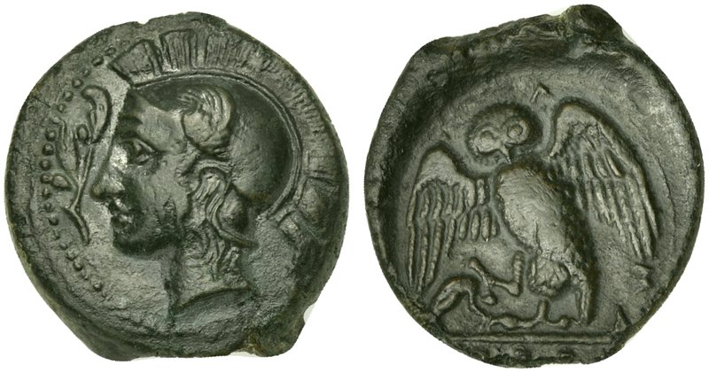 Sicily, Kamarina, Tetras, ca. 420-405 BC
AE (g 3,42; mm 17; h 6)
Helmeted head...