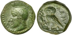 Sicily, Kamarina, Tetras, ca. 420-405 BC
AE (g 3,24; mm 14; h 9)
Helmeted head of Athena l., Rv. KAMA, owl standing l., head facing, clutching lizar...
