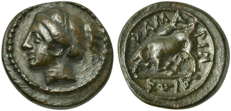 Sicily, Kamarina, Onkia, ca. 339-300 BC
AE (g 1,60; mm 12,5; h 3)
Female head ...