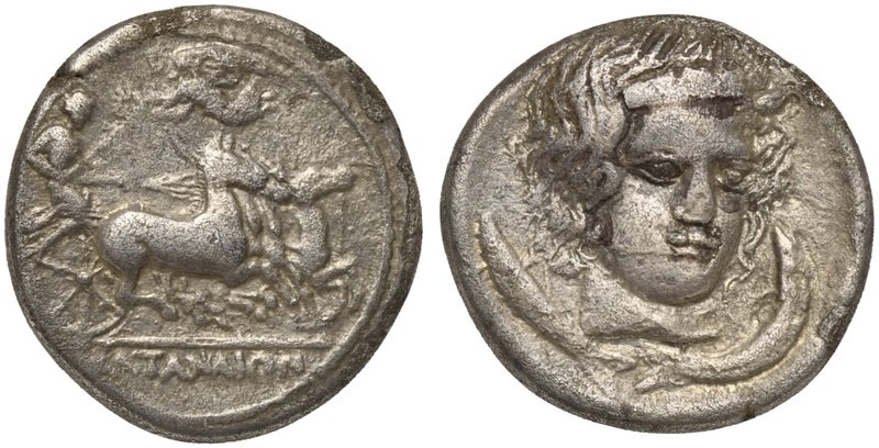 Sicily, Katane, Drachm, ca. 420-413 BC
AR (g 3,98; mm 18; h 9)
Charioteer driv...