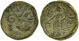 Sicily, Katane, Bronze, 2nd-1st century BC
AE (g 8,67; mm 20; h 12)
ΚΑΤΑΝΑΙΩΝ, laureate head of Zeus Ammon r., Rv. Aequitas standing l., holding sca...