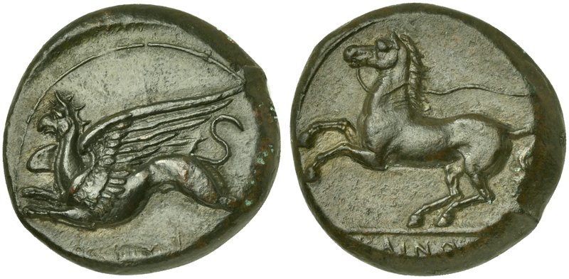 Sicily, Kainon, Bronze, ca. 365 BC
AE (g 9,08; mm 22; h 5)
Griffin springing l...