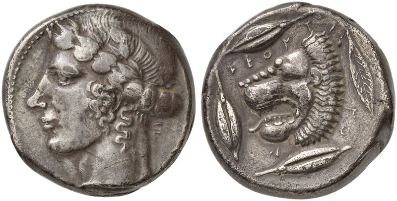 Sicily, Leontini, Tetradrachm, ca. 466-405 BC
AR (g 17,24; mm 24; h 6)
Laureat...