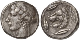 Sicily, Leontini, Tetradrachm, ca. 466-405 BC
AR (g 17,24; mm 24; h 6)
Laureate head of Apollo l., Rv. LEONT - I - NO - N, head of roaring lion l.; ...