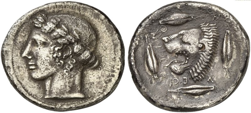 Sicily, Leontini, Tetradrachm, ca. 455-422 BC
AR (g 16,26; mm 30; h 12)
Laurea...