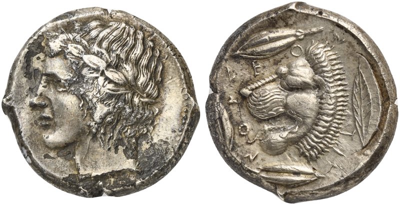 Sicily, Leontini, Tetradrachm, ca. 425 BC
AR (g 17,14; mm 26; h 9)
Laureate he...