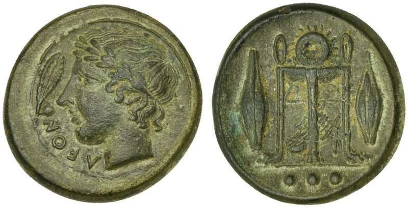 Sicily, Leontini, Tetras, ca. 405-402 BC
AE (g 2,39; mm 15; h 5)
ΛEON, laureat...