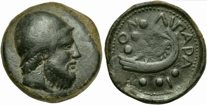 Sicily, Lipara, Hemilitron, ca. 425 BC
AE (g 41,45; mm 36; h 2)
Head of Hephai...