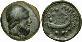 Sicily, Lipara, Hemilitron, ca. 425 BC
AE (g 41,45; mm 36; h 2)
Head of Hephaistos r., Rv. ΛΙΠ, stern with aphlaston r.; ΛIΠAPA-I-ON; around, six pe...