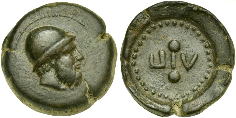 Sicily, Lipara, Hexas, ca. 425 BC
AE (g 22,20; mm 29; h 9)
Head of Hephaistos ...