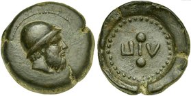 Sicily, Lipara, Hexas, ca. 425 BC
AE (g 22,20; mm 29; h 9)
Head of Hephaistos r., Rv. ΛΙΠ, above and below, two pellets. CNS 6; SNG Copenhagen 1087;...