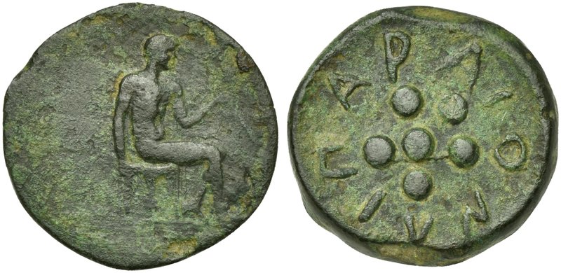 Sicily, Lipara, Hemilitron, ca. 412-408 BC
AE (g 6,63; mm 22)
Hephaistos seate...