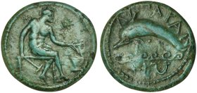 Sicily, Lipara, Hemilitron, ca. 350-300 BC
AE (g 6,85; mm 22; h 6)
Hephaistos seated r., holding hammer and kantharos, Rv. ΛΙΠΑΡΑΙ - ΩΝ, dolphin l.;...