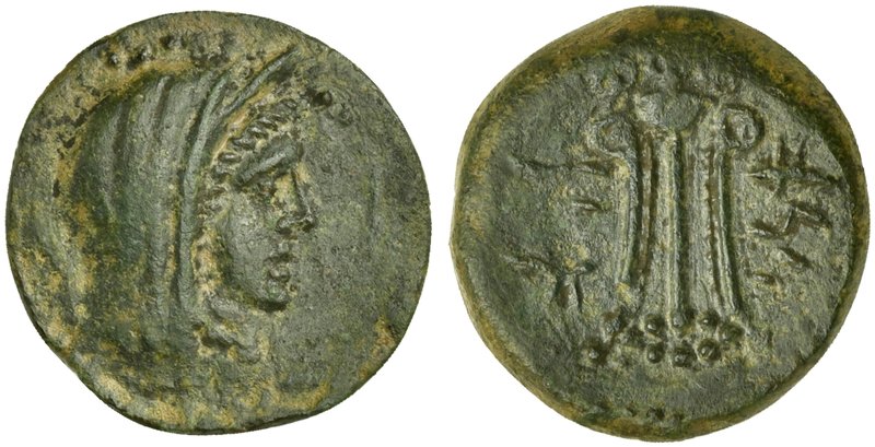 Sicily, Melita, Bronze, ca. 218-175 BC
AE (g 3,81; mm 12; h 7)
Veiled female h...