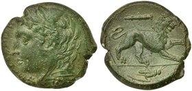 Sicily, Messana, Bronze, ca. 357-287 BC
AE (g 6,44; mm 22; h 4)
ΜΕΣΣΑΝΙΩΝ, head of youn Herakles, wearing lion skin, Rv. Lion prowling r.; above, cl...