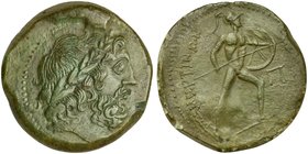 Sicily, Messana under Mamertinoi, Pentonkion, ca. 220-200 BC
AE (g 11,55; mm 27; h 1)
Laureate head of Zeus r., Rv. Warrior advancing r., holding sh...