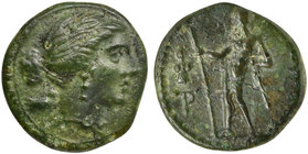Sicily, Messana under Mamertinoi, Onkia, ca. 220-200 BC
AE (g 1,61; mm 14; h 7)
Head of Aphrodite r.; behind, dove, Rv. Naked warrior, laureate, sta...