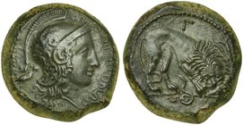 Sicily, Morgantina, Dilitron, ca. 340 BC
AE (g 16,98; mm 25; h 2)
ΜΟΡΓΑΝΤΙΝΩΝ, helmeted head of Athena r., wearing Attic crested helmet, decorated w...