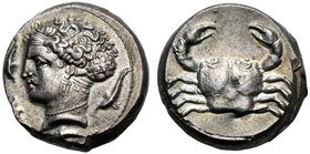 Sicily, Motya, Tetradrachm, ca. 405-397 BC
AR (g 17,40; mm 24; h 3)
Head of Arethusa l.; around, four dolphins, Rv. Crab. Jenkins 47; SNG ANS 501.
...
